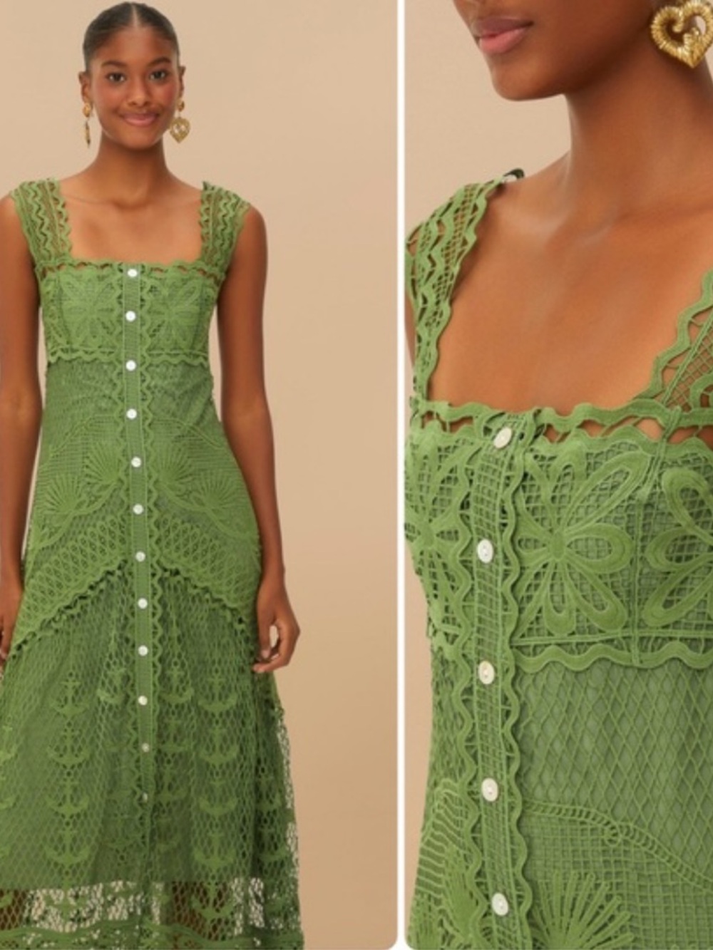 FARM Rio Olive Green Crochet Midi Dress - Picture 1 of 9